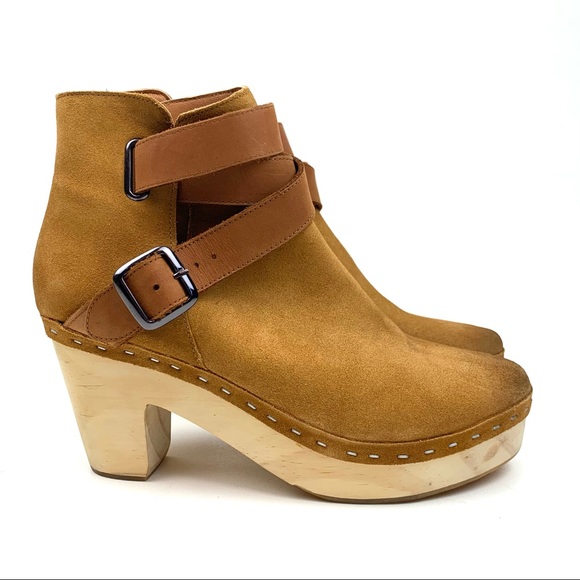 Free People Sz 40 (10) Bungalow Clog Ankle Boot Tan Suede Leather 70s Wood Heel - Picture 3 of 13